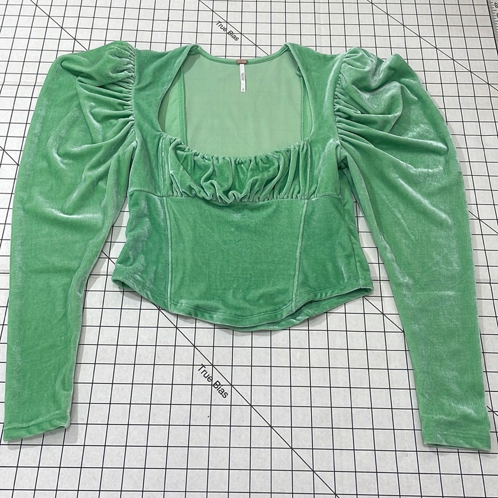 Free People form fitting bright green velvet, puff sleeves, scoop neck, crop top